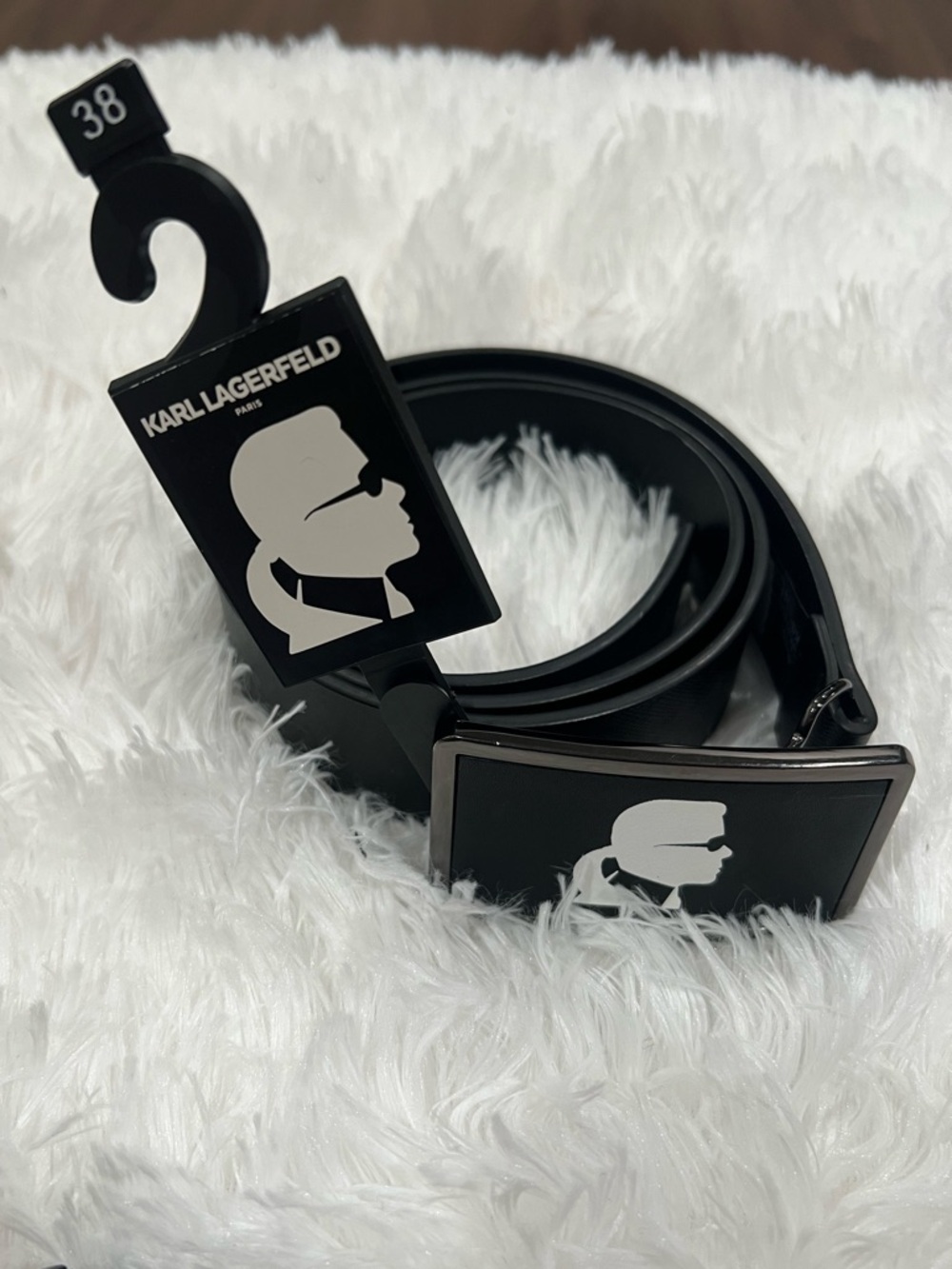 Karl Lagerfeld Black Belt with White Logo Plaque